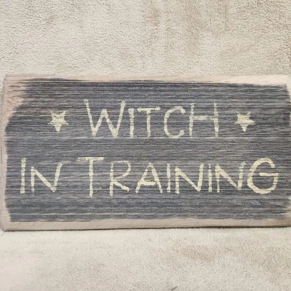 Rustic wooden sign reading 'Witch in Training'.