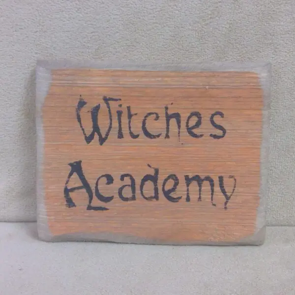 A wooden sign reading 'Witches Academy' with a rustic look.