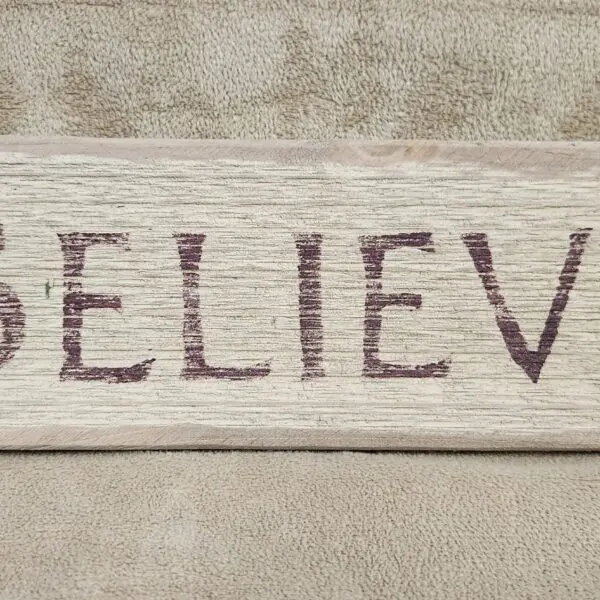 A wooden sign with the word 'BELIEVE' printed on it.